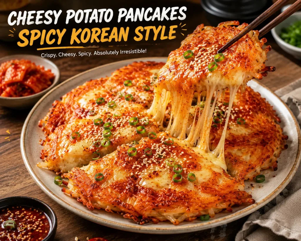 Spicy Korean potato pancakes topped with gochugaru, sliced green onions, and sesame seeds, served with spicy dipping sauce.