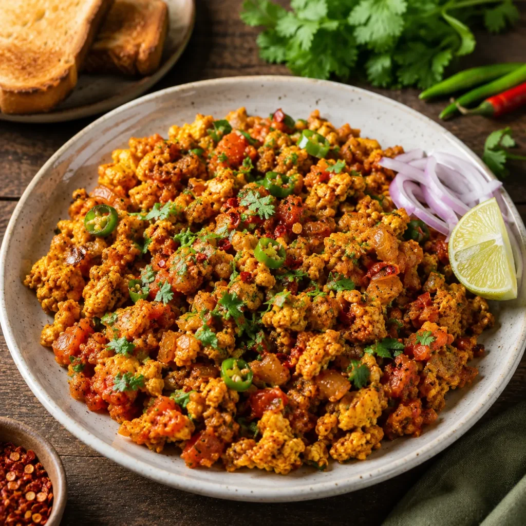 Spicy Masala Egg Bhurji topped with extra green chilies, red chili flakes, and fresh cilantro for a bold Indian breakfast.