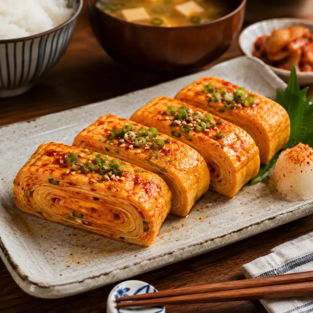Spicy Japanese Tamagoyaki topped with spicy mayo, chili flakes, sliced green onions, and sesame seeds.