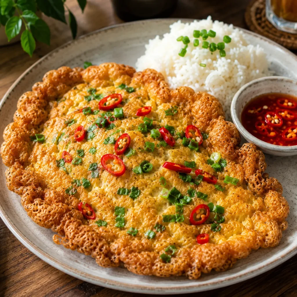 Spicy Thai Kai Jeow topped with sliced Thai chilies and chopped green onions.
