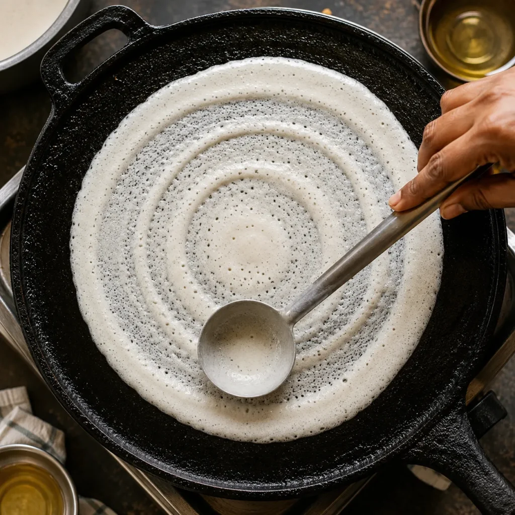 Thin Masala Dosa batter being spread evenly on a hot cast-iron pan using the back of a ladle
