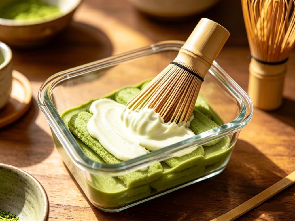 Smooth green matcha cream being spread evenly over the first layer of ladyfingers in the glass tray