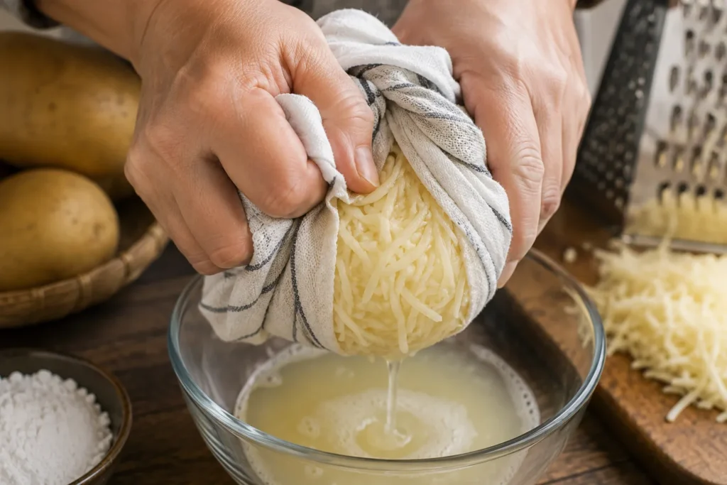 Removing excess moisture from grated potatoes with a clean kitchen towel for extra crispy Korean potato pancakes.