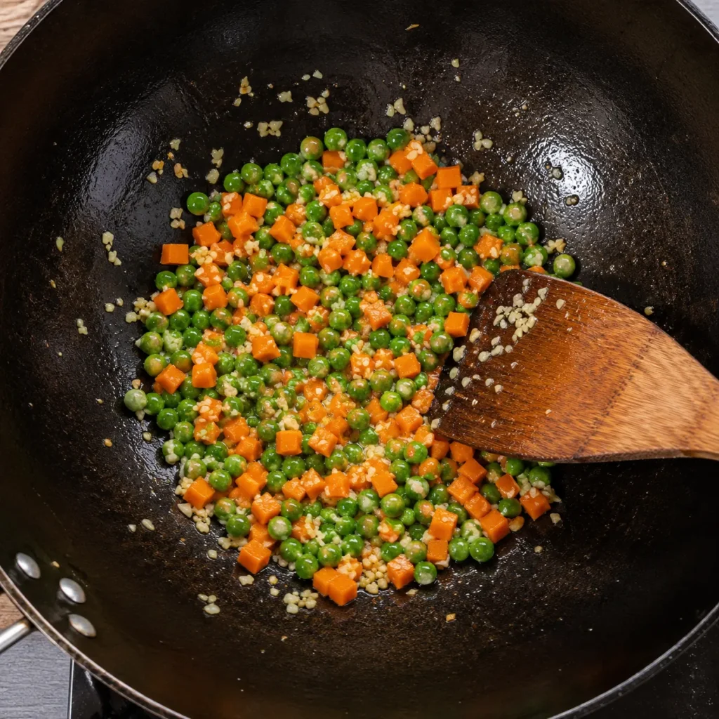 Garlic, diced carrots, and green peas stir-frying in a hot wok for Chinese Fried Rice.