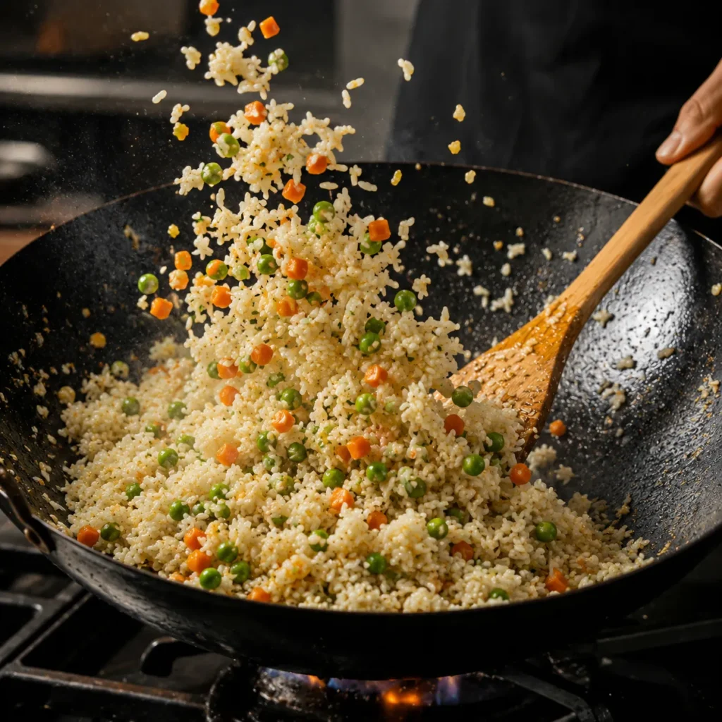 Cooked rice tossed with colorful vegetables in a wok while making homemade Chinese Fried Rice.