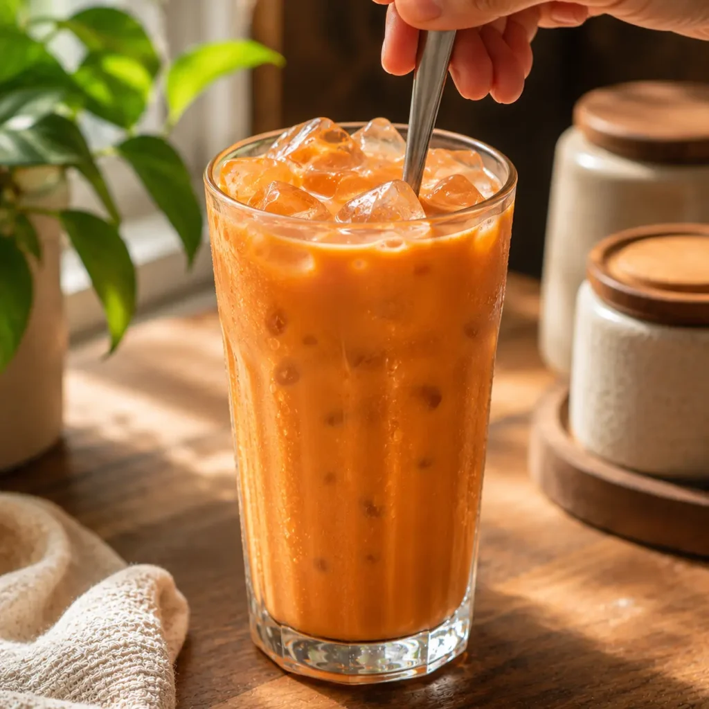 Creamy Thai iced tea being stirred with a spoon in a glass filled with ice