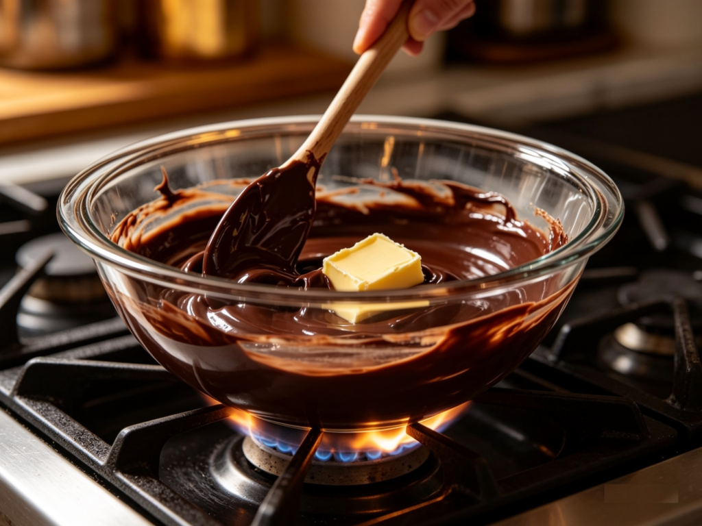 Close-up shot of smooth melted dark chocolate mixing with butter in a clear glass bowl, being stirred gently, showing rich glossy texture, warm soft lighting, cozy home kitchen atmosphere.