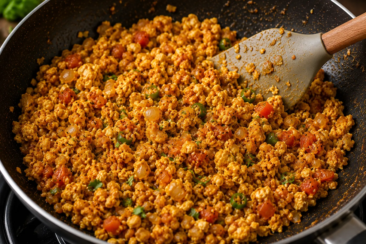 Soft Masala Egg Bhurji being gently stirred with a spatula until fluffy and creamy.