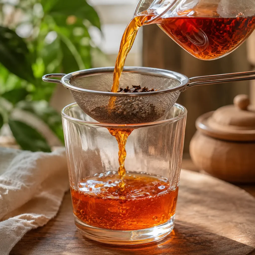 Freshly brewed Thai tea being poured through a fine mesh strainer