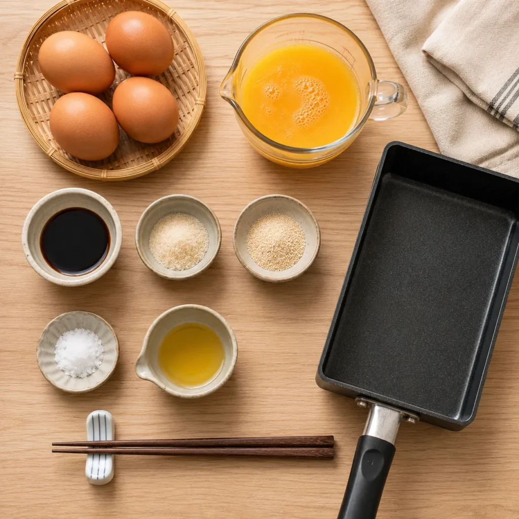 Fresh eggs, soy sauce, sugar, dashi powder, salt, cooking oil, chopsticks, and a rectangular Tamagoyaki pan arranged on a wooden countertop.