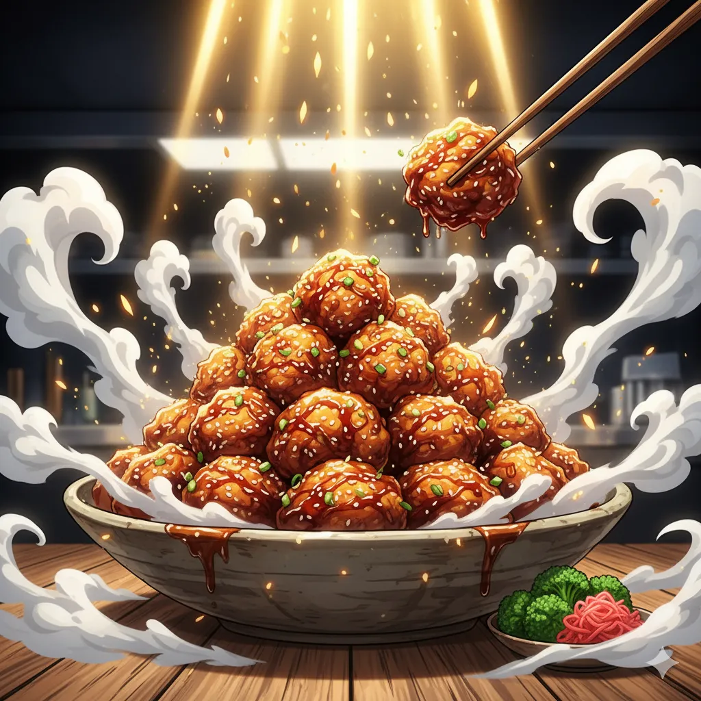 Anime-style illustration of teriyaki chicken served on a plate with a dramatic presentation and glossy sauce