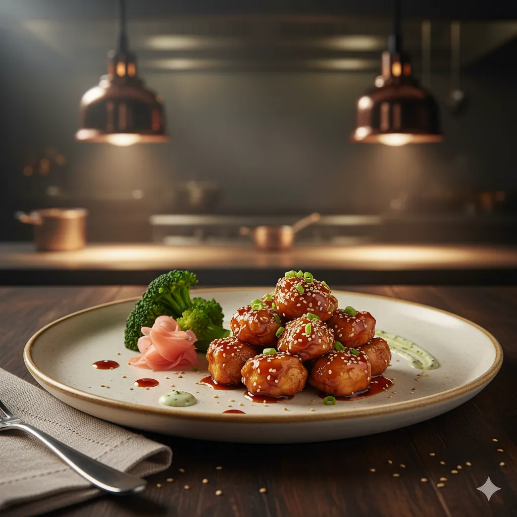 Homemade teriyaki chicken served on a plate in a modern kitchen with a clean and bright interior