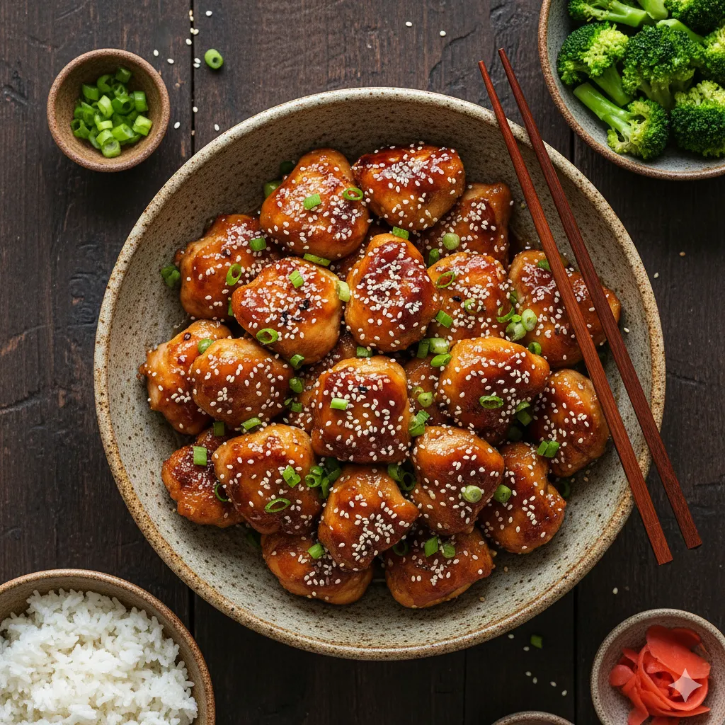 Homemade teriyaki chicken served on a plate, garnished with sesame seeds and sliced green onions