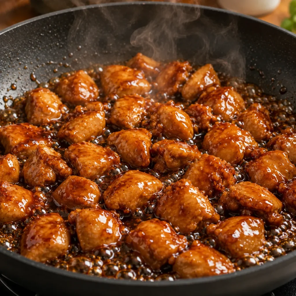 Juicy Teriyaki Chicken Bites simmering in a thick glossy homemade teriyaki glaze.