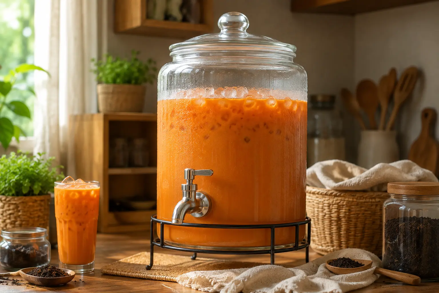 Large glass dispenser filled with chilled Thai iced tea and ice
