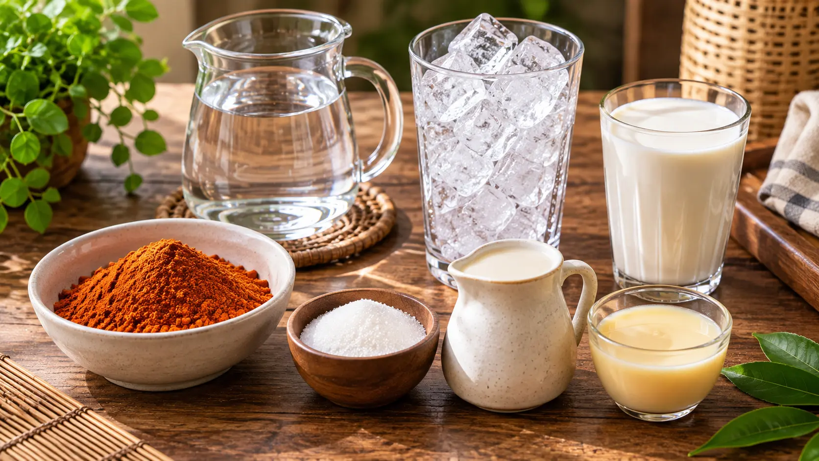 Thai iced tea ingredients including Thai tea mix, sugar, milk, condensed milk, water, and ice