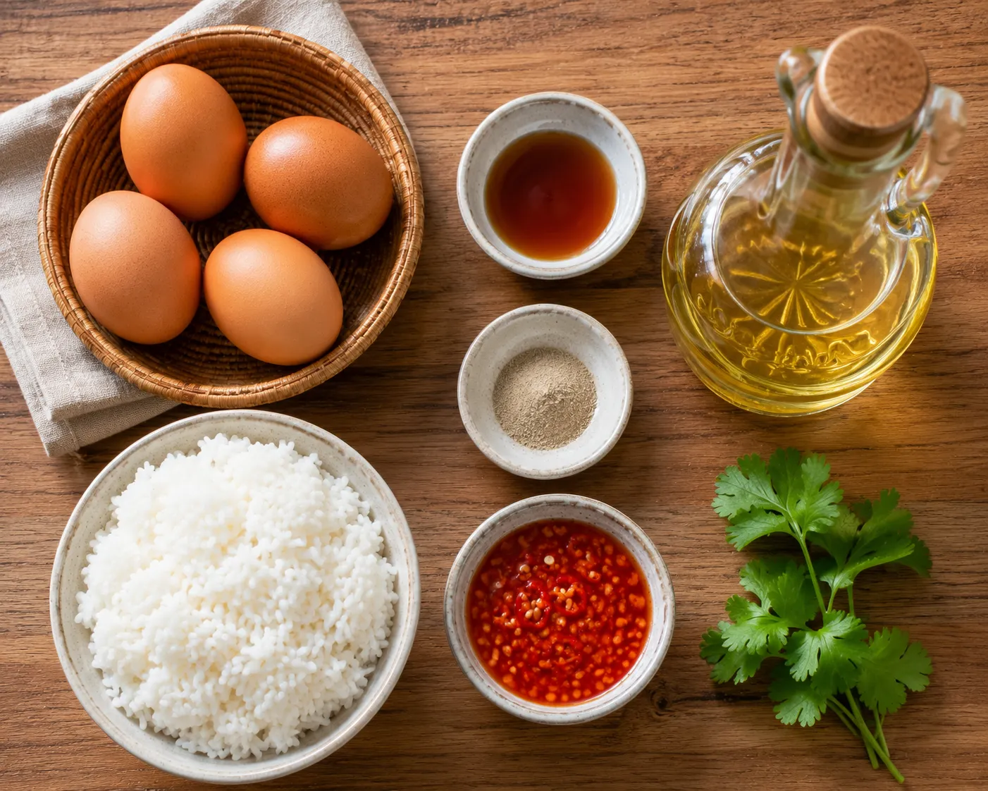 Fresh ingredients for Thai Kai Jeow including eggs, fish sauce, white pepper, vegetable oil, jasmine rice, and Thai chili sauce.