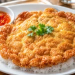 Authentic Thai Kai Jeow served over steamed jasmine rice with crispy golden edges, fluffy center, and Thai chili sauce.