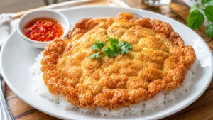 Authentic Thai Kai Jeow served over steamed jasmine rice with crispy golden edges, fluffy center, and Thai chili sauce.