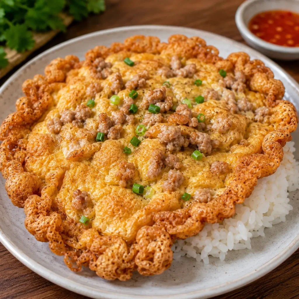 Thai Kai Jeow with minced beef served over jasmine rice with crispy golden edges.