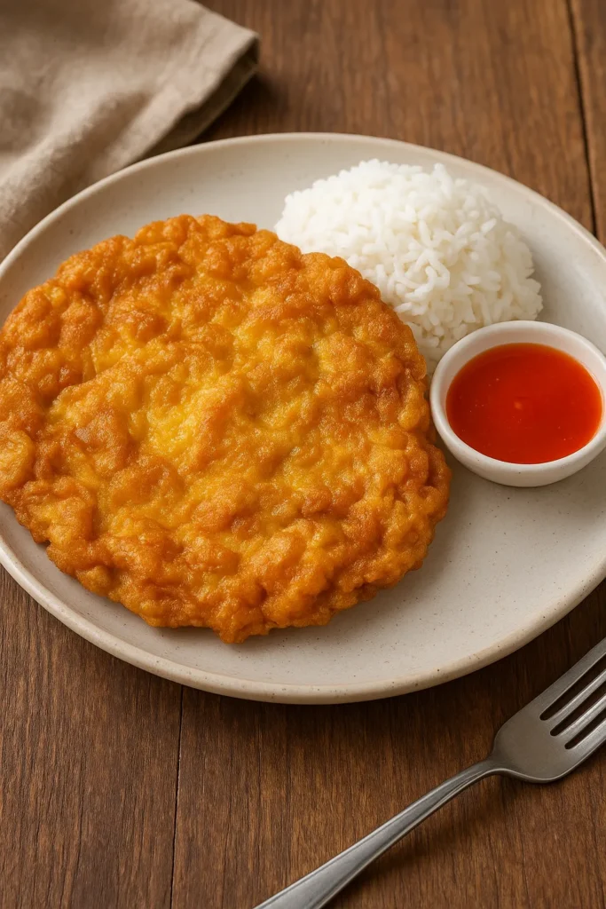 Authentic Thai Kai Jeow served on a plate with warm steamed white rice and a small bowl of Thai chili sauce, photographed in bright natural lighting.