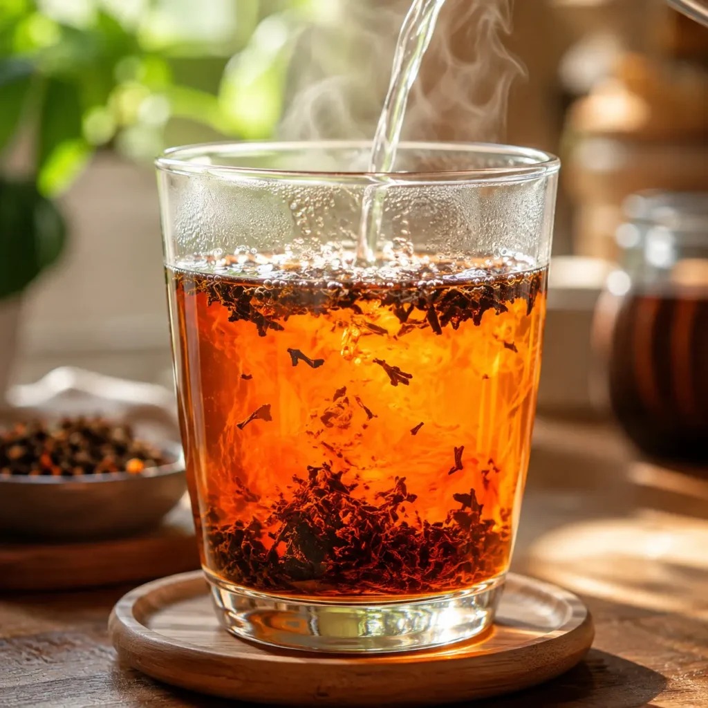 Thai tea mix brewing in hot water to make homemade Thai iced tea
