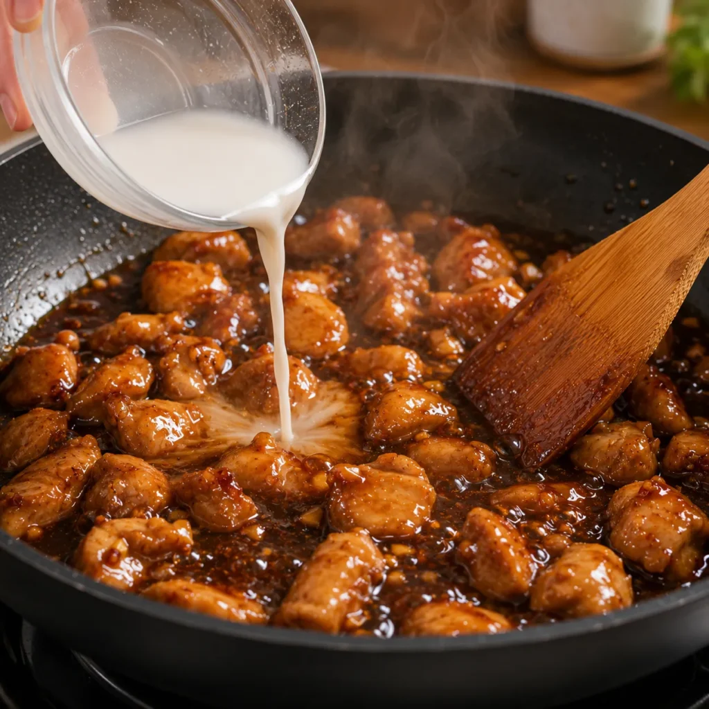Adding cornstarch slurry to thicken homemade teriyaki sauce for juicy chicken bites.