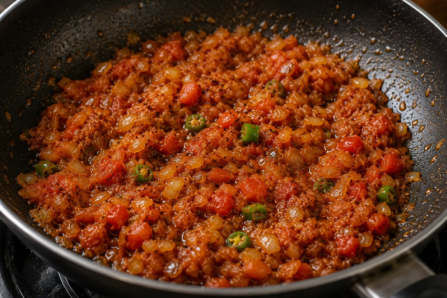 Tomatoes and Indian spices cooking into a rich masala mixture for homemade Egg Bhurji.