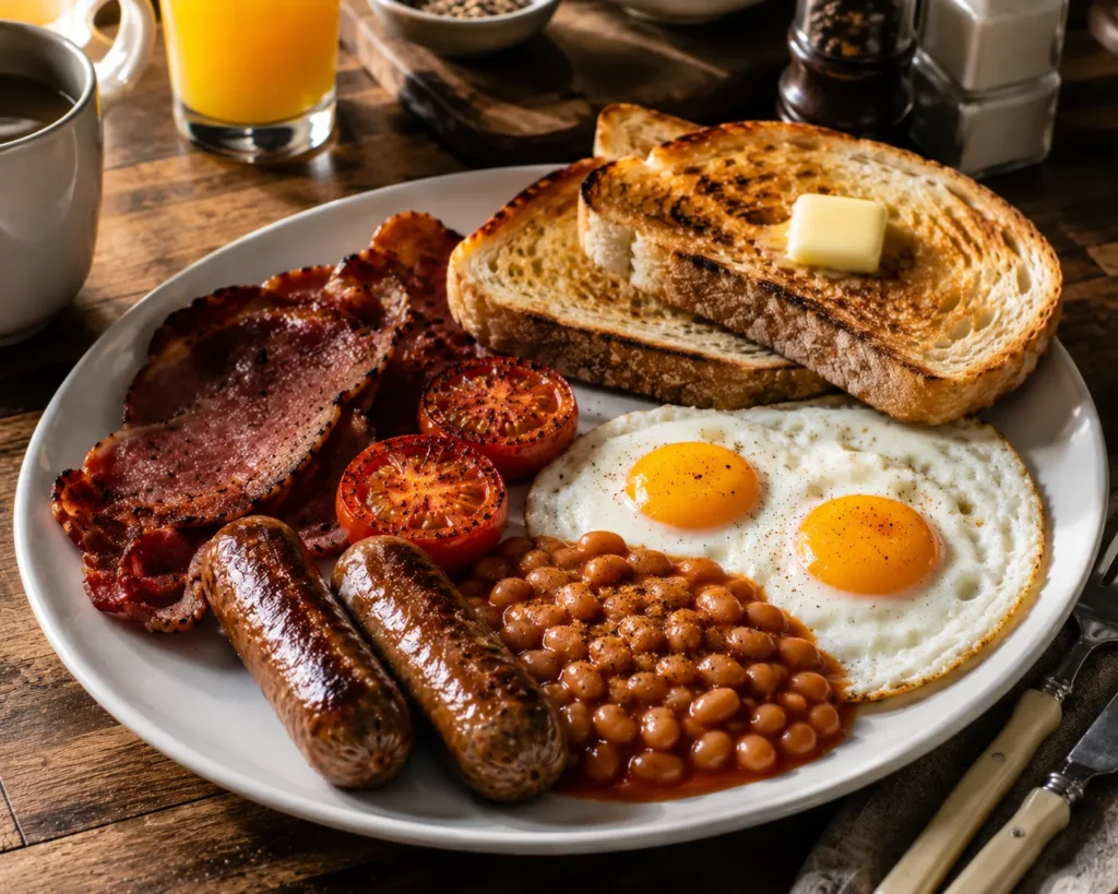 Traditional halal British Full Breakfast served with halal beef sausages, crispy beef bacon, sunny-side-up eggs, baked beans, grilled tomatoes, and buttered toast.