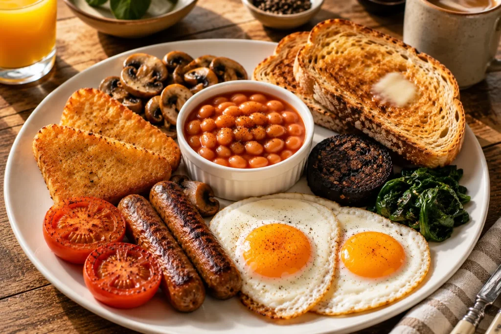 Traditional vegetarian British breakfast with fried eggs, baked beans, grilled tomatoes, sautéed mushrooms, hash browns, buttered sourdough toast, and fresh herbs served on a white ceramic plate