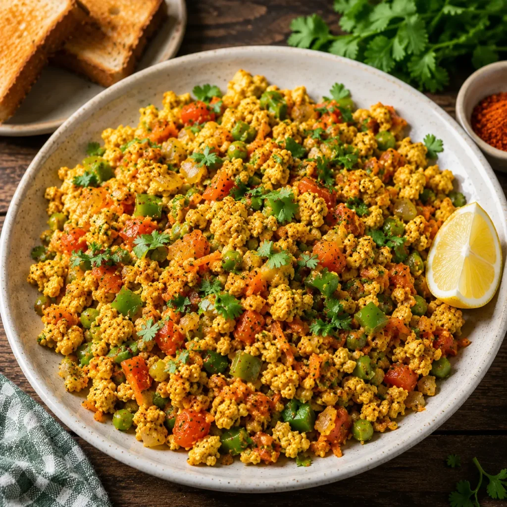 Veggie-loaded Masala Egg Bhurji with bell peppers, spinach, peas, and fresh herbs served as a healthy high-protein breakfast.