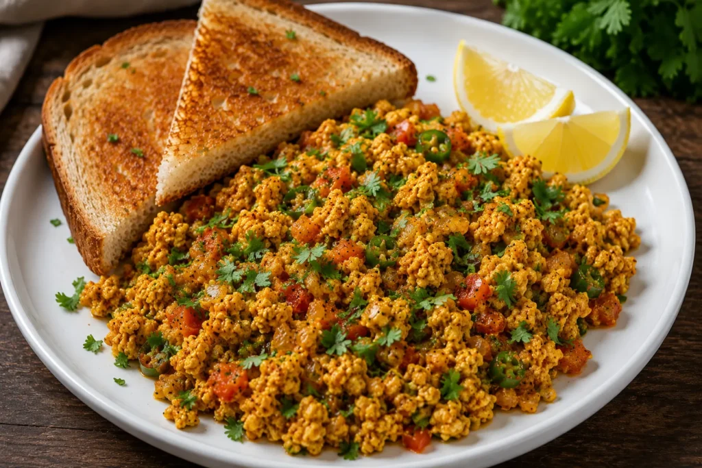 Finished Masala Egg Bhurji garnished with fresh cilantro, served with toasted bread and lemon wedges on a white plate.