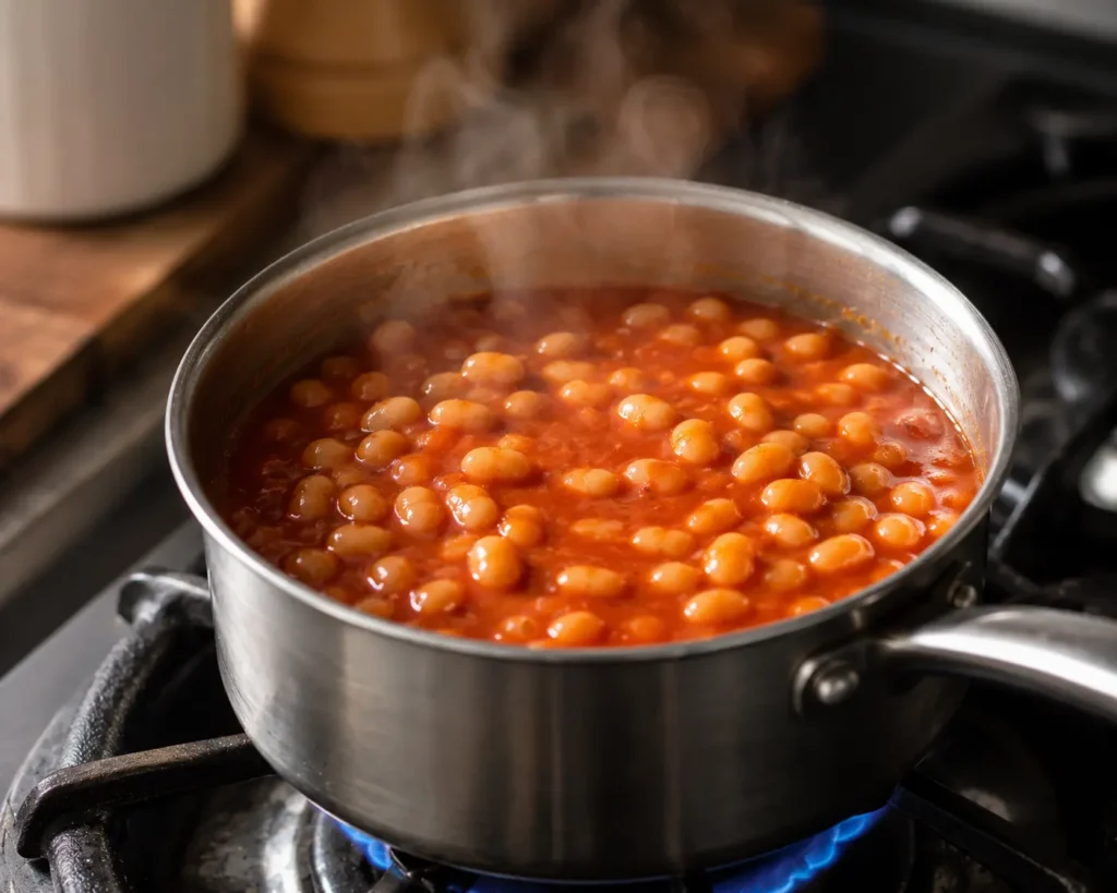 Baked beans warming in a small saucepan over the stove, prepared as a classic side for a traditional British Full Breakfast.