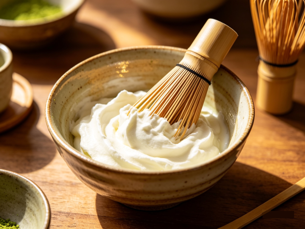 Fresh heavy cream being whipped in a mixing bowl, showing soft and fluffy peaks forming
