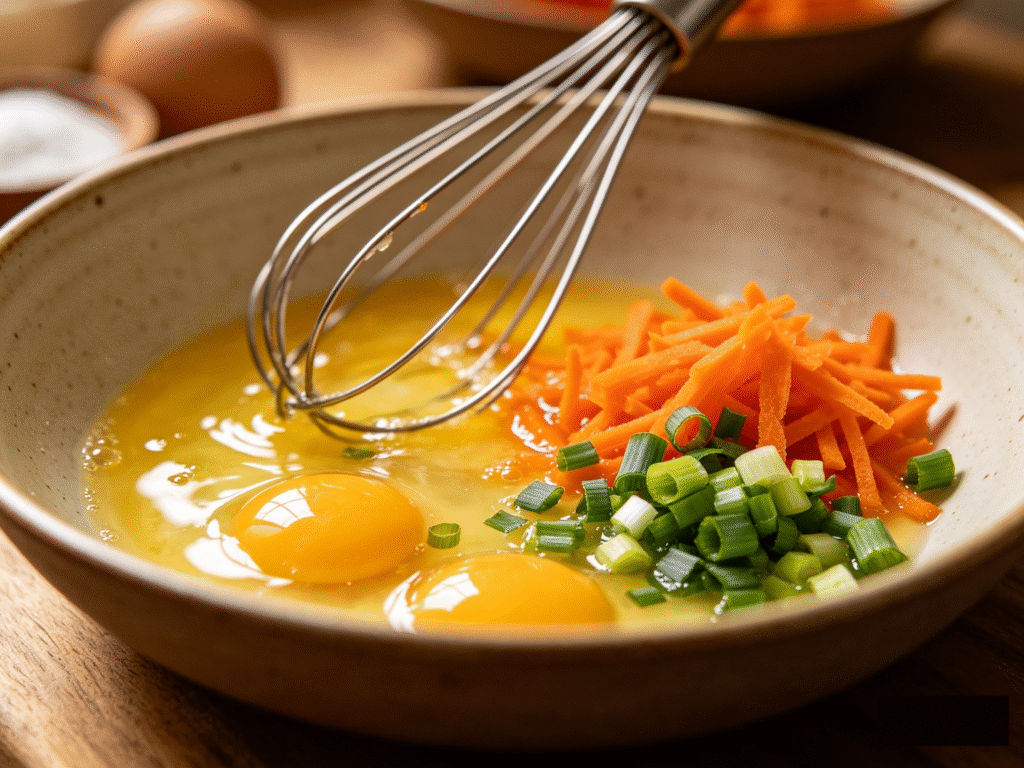 Close-up food photography of eggs being whisked together with carrots and green onions inside a ceramic bowl, warm kitchen lighting, cozy breakfast atmosphere.