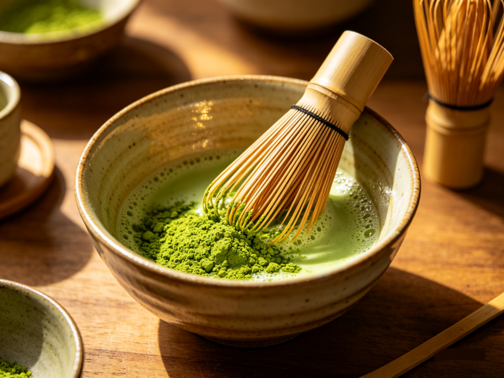 Close-up view of bright green matcha powder being whisked smoothly in a ceramic bowl with a bamboo whisk