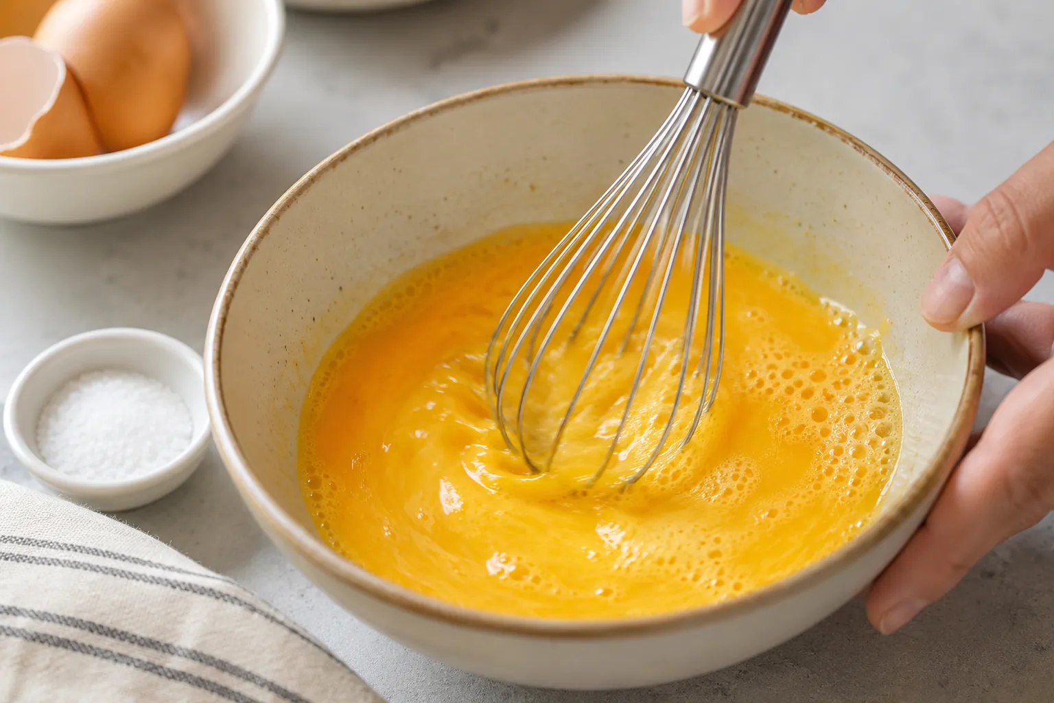 Close-up of whisking eggs with salt in a bowl before making homemade Masala Egg Bhurji.