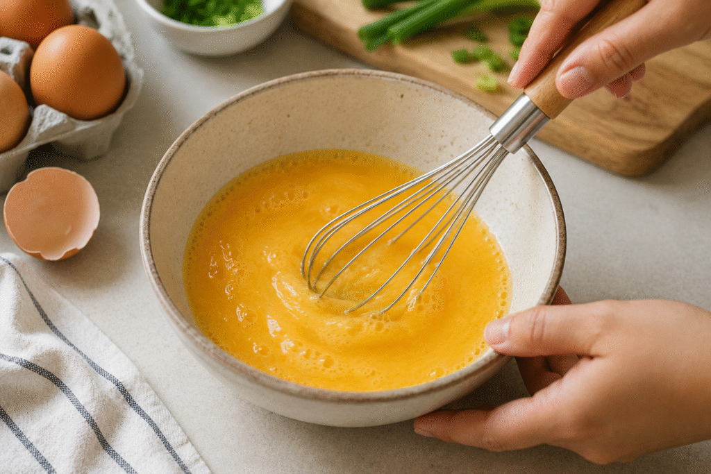 Whisking eggs for fluffy breakfast sandwich