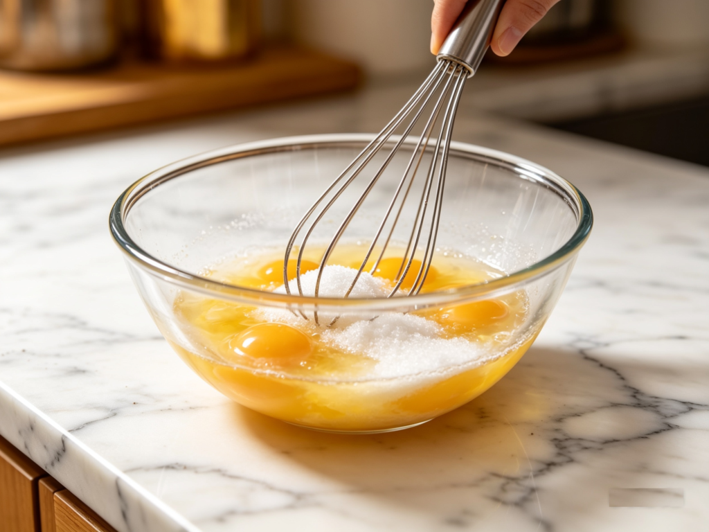 fresh eggs and granulated sugar in a mixing bowl, being whisked smoothly, clean countertop, natural daylight, realistic baking preparation view.