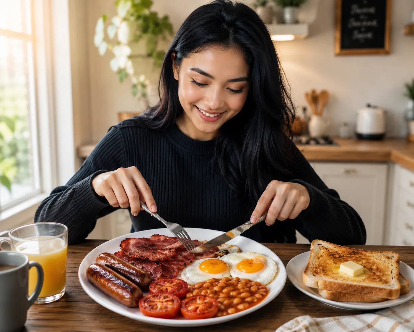 Young woman enjoying a homemade halal British Full Breakfast with beef sausages, halal beef bacon, eggs, baked beans, grilled tomatoes, and buttered toast in a bright kitchen.