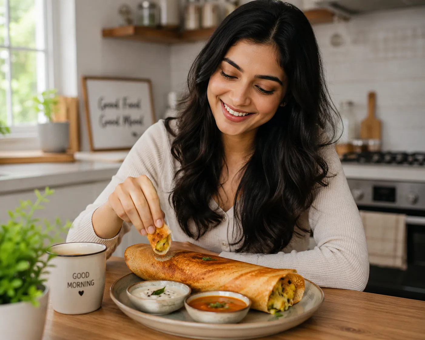 Young woman enjoying homemade crispy Masala Dosa for breakfast in a bright modern kitchen