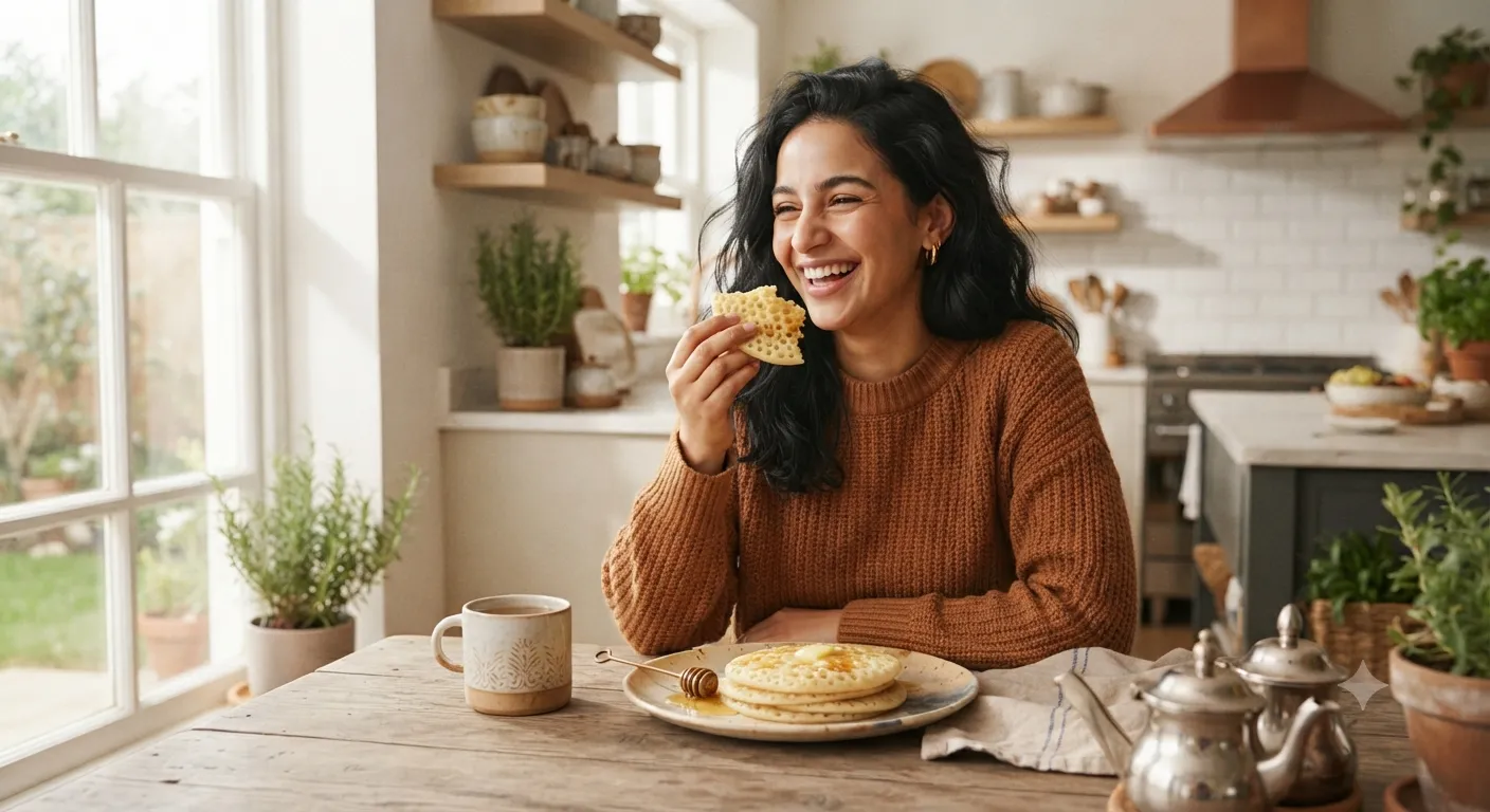 A smiling young woman with black hair enjoying a cozy breakfast of homemade Moroccan Baghrir in a bright, modern, and inviting kitchen setting.