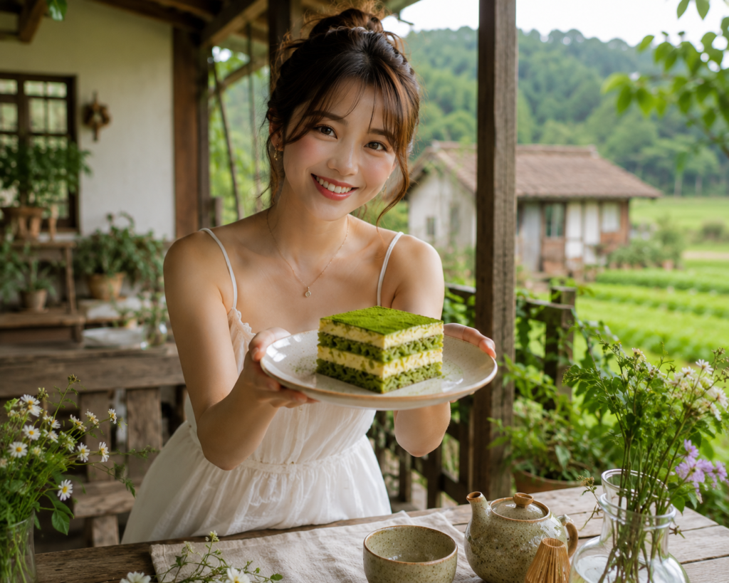 Elegant woman in a white dress presenting homemade matcha tiramisu on a countryside porch surrounded by greenery