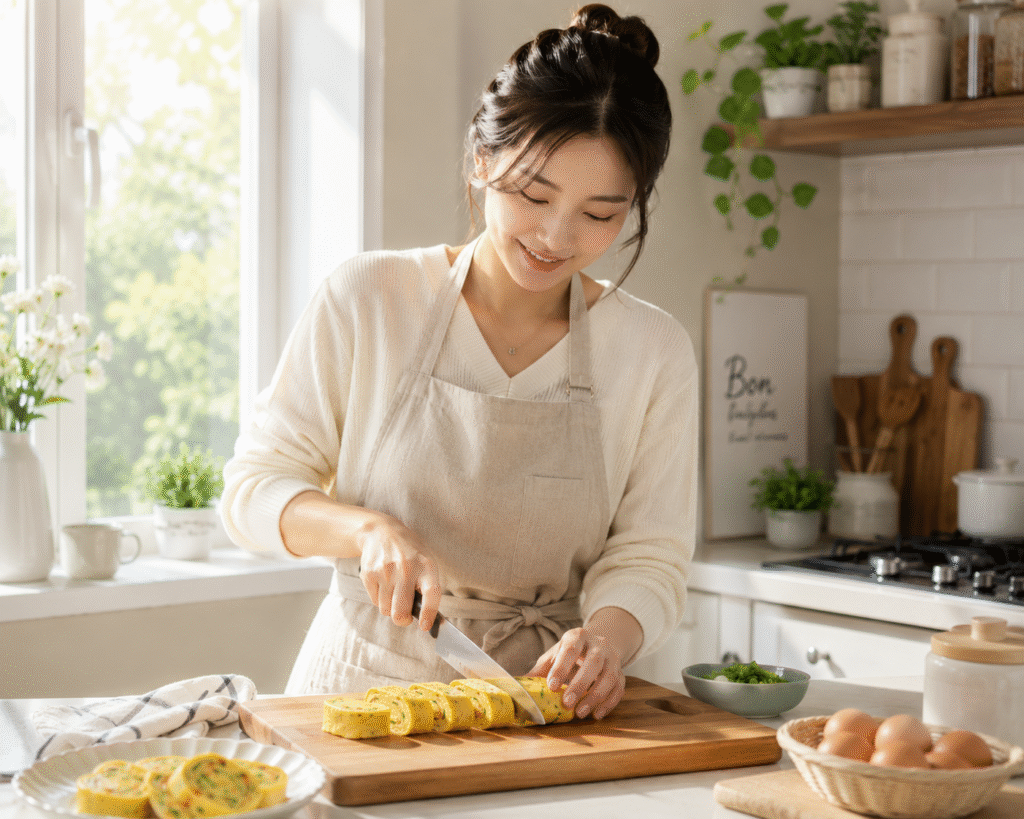 mother wearing an apron while slicing homemade Gyeran Mari in a cozy kitchen during a fresh morning.
