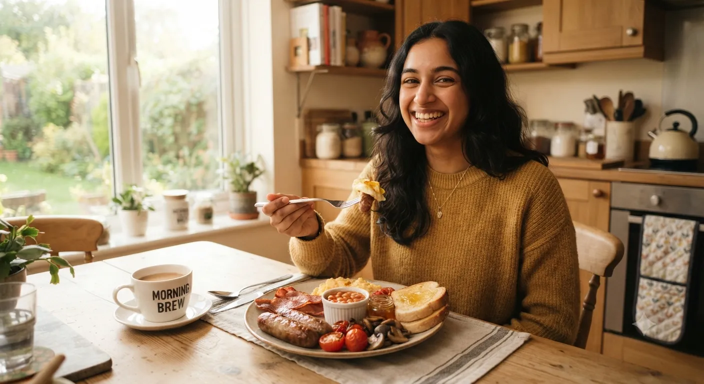 A smiling young woman with black hair enjoying a homemade halal Full British Breakfast featuring halal beef sausages, beef bacon, eggs, beans, and toast in a cozy, bright, sunlit kitchen