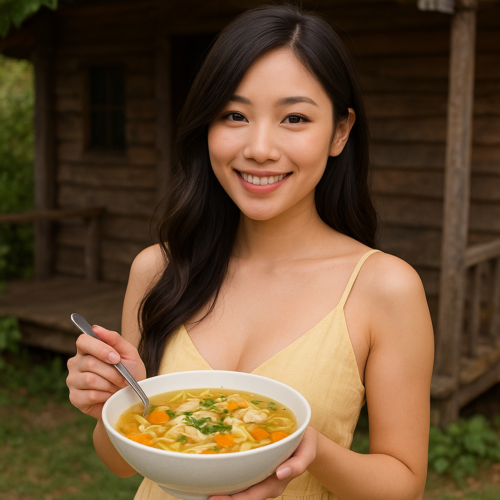 Steaming bowl of homemade Chicken Noodle Soup with clear golden broth, tender chicken pieces, egg noodles, carrots, celery, and fresh herbs, served on a rustic wooden table inside a cozy cabin with warm natural lighting.