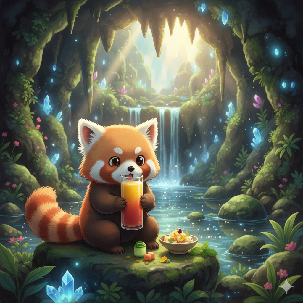 Whimsical illustration of a cute fantasy animal holding a bottle of magical apple detox juice inside a glowing cave. Fairytale storybook art style