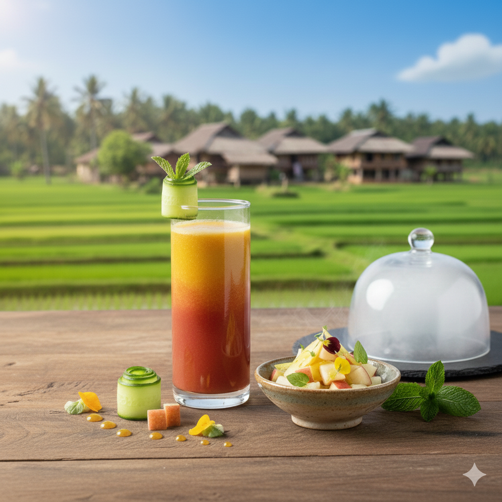 Gourmet apple detox juice plated with professional culinary styling. Refreshing organic drink set against a peaceful rustic village background, farm-to-table concept