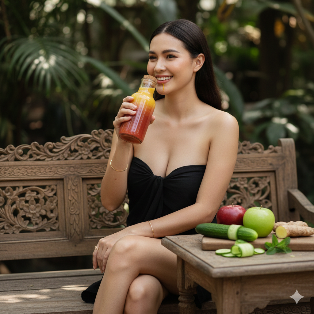 Elegant Thai model holding a glass of apple detox juice. Wellness and fashion photography featuring a fit woman in a stylish black outfit, promoting a healthy lifestyle