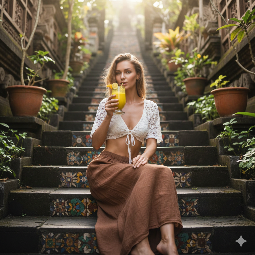 Fit European woman drinking traditional Yellow Jamu herbal drink on outdoor stairs. Summer wellness concept featuring a healthy lifestyle and beach fashion